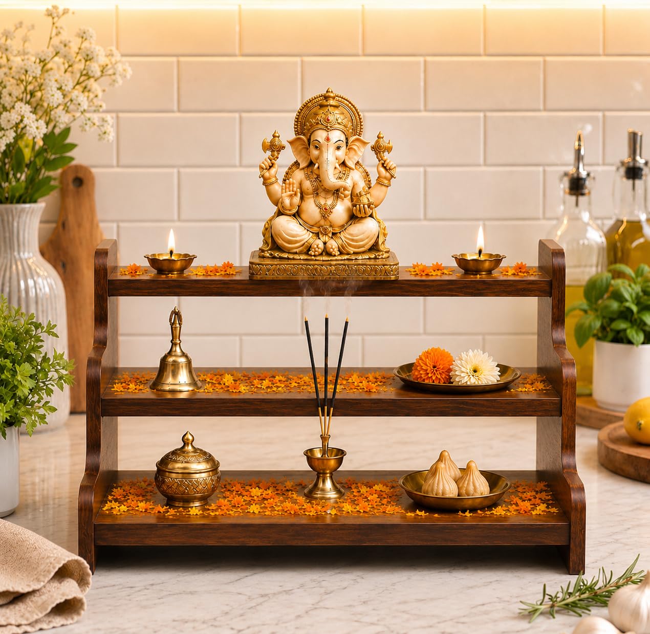 3 Tier Wooden Temple Stand for Pooja Room | Wooden Puja Chowki for Home Mandir | Religious Display Shelf for God Idols, Diyas & Decor | Premium Finish Home Temple Organizer Brown-image-26
