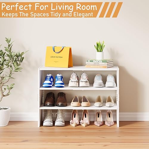 Miniatura 4 de Organizador de zapatos blanco expandible de 3 niveles para armario, estantes de almacenamiento apilables para zapatos, estantes pequeños de