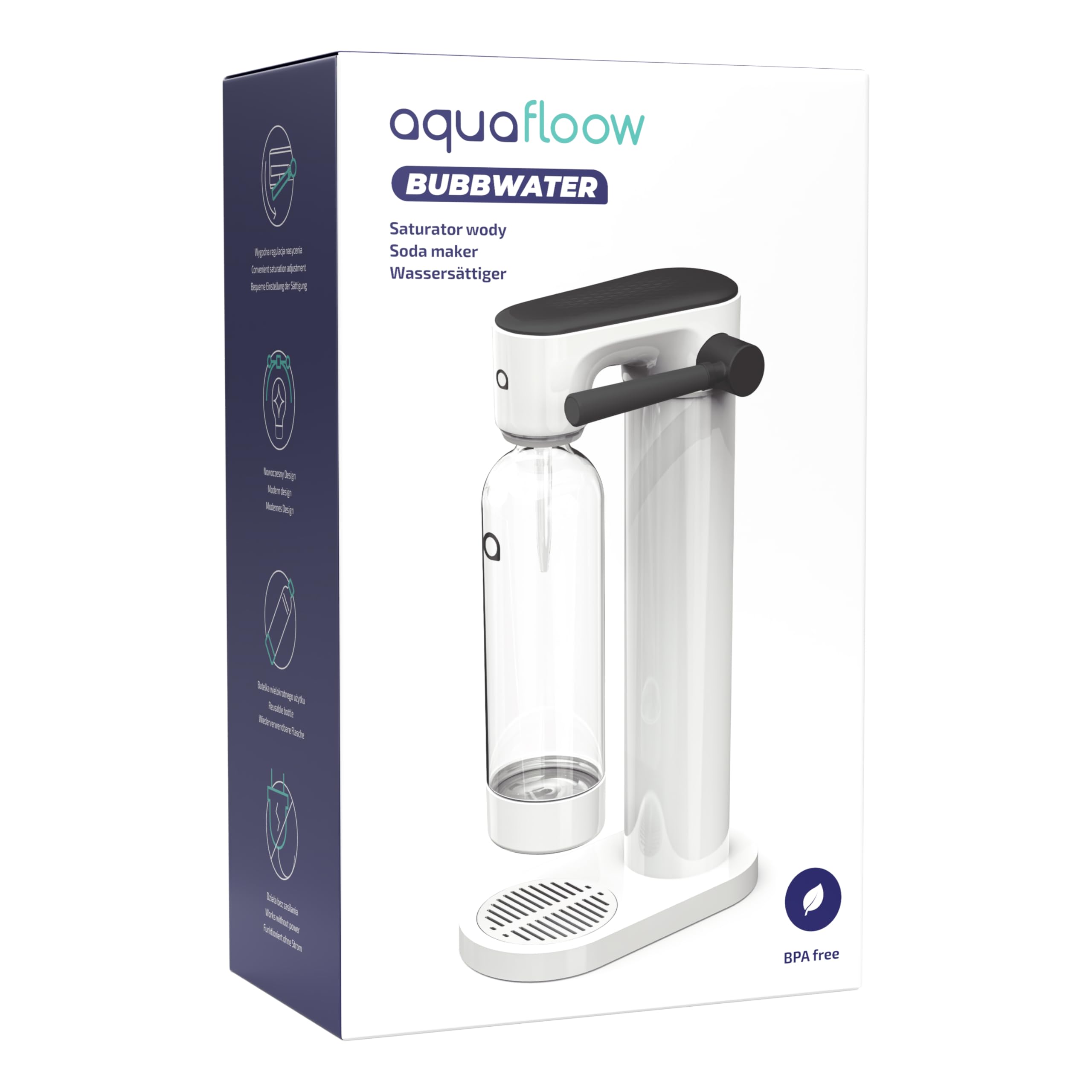 Aquafloow Gasatore per Acqua con Cilindro CO2 e 2 Bottiglie da 800 ml senza BPA – Macchina per Acqua Frizzante senza Elettricità – Design Elegante per Casa o Ufficio