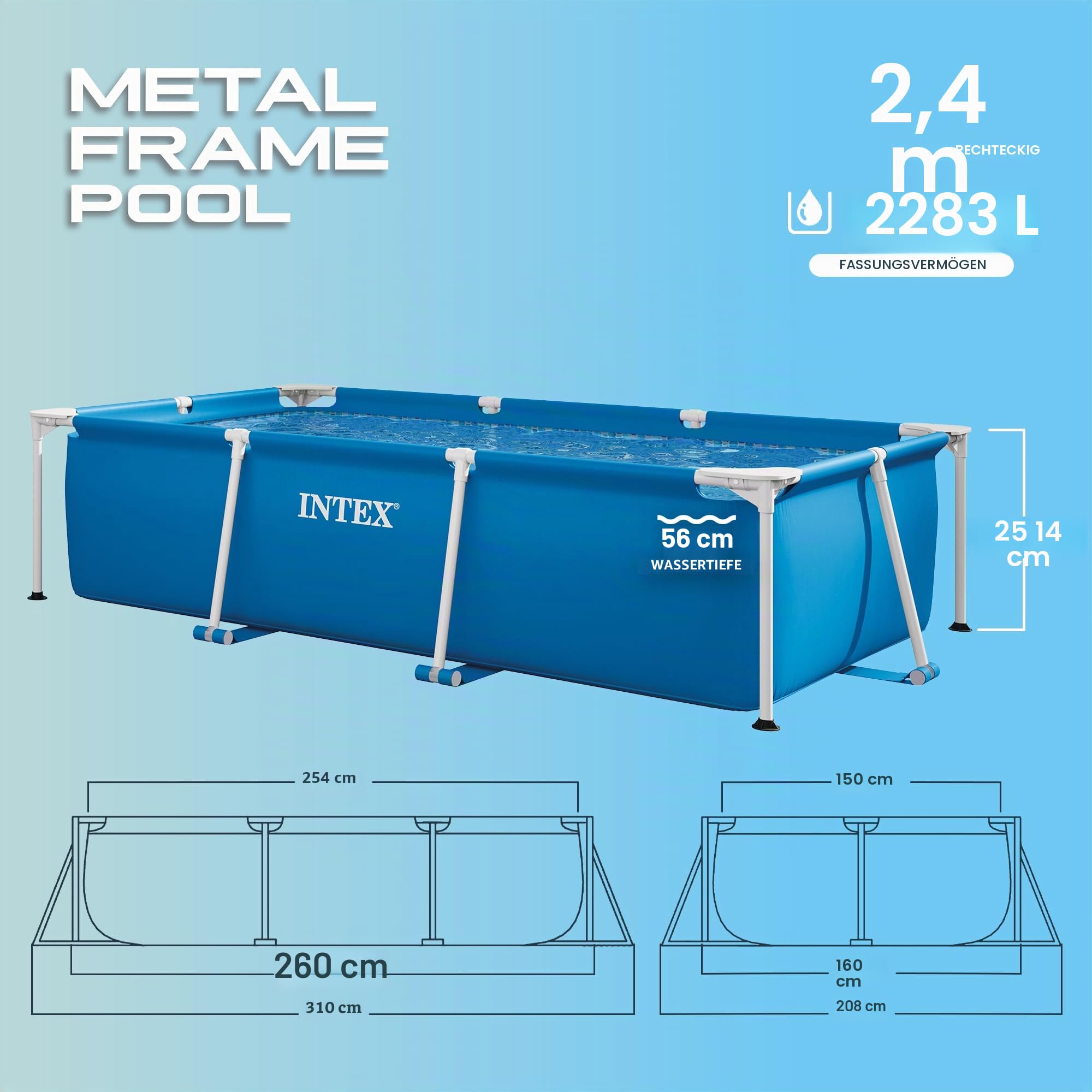 INTEX "Metal Frame" Pool rechteckig Aufstellpool (260 x 160 x 65cm) Kinderpool Familienpool Swimmingpool Volumen ca 2.282l, blau (28271NP)