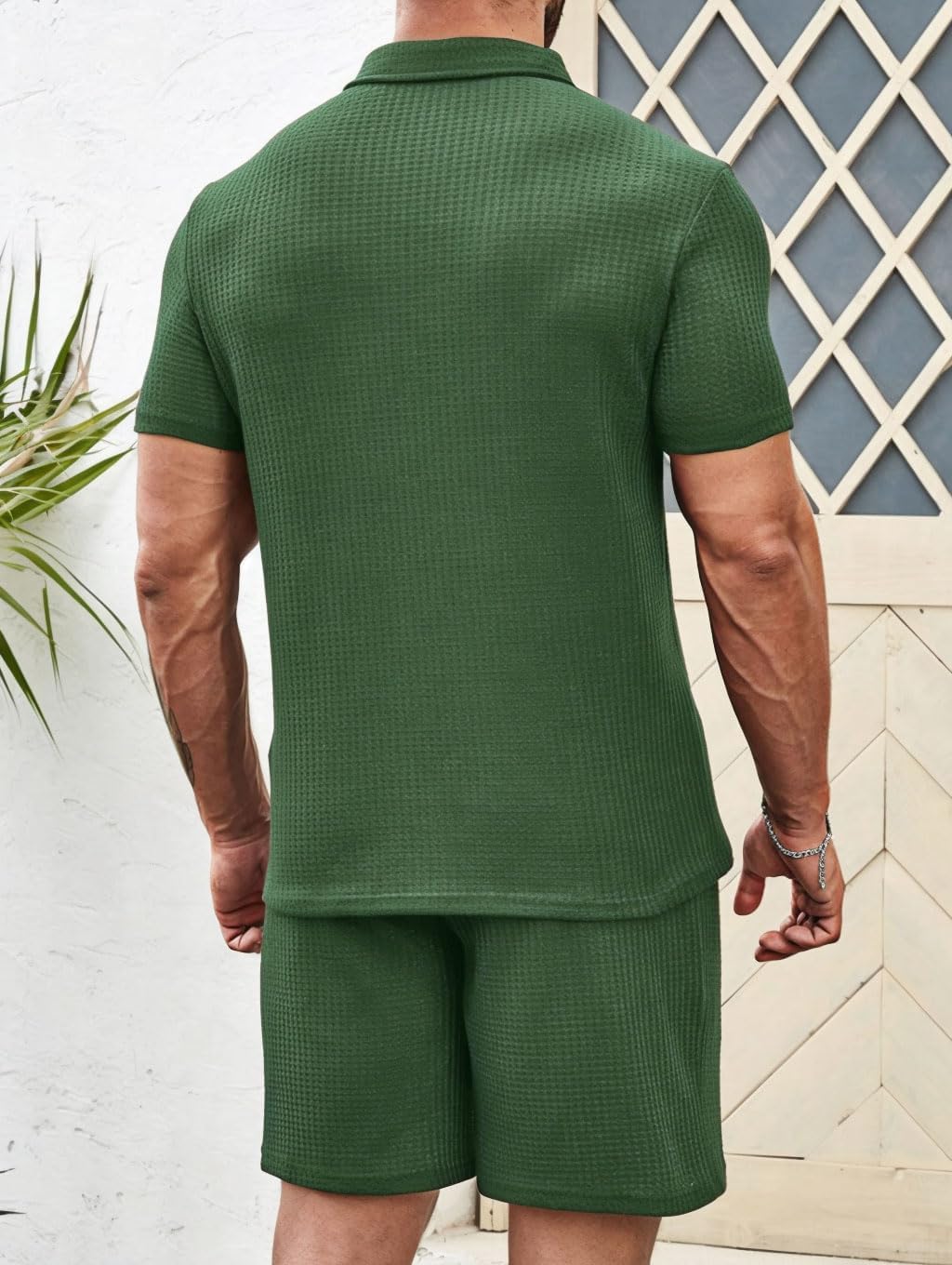 Men's 2 piece Casual outfit's Waffle Knit polo shirt's and short's set summer two pieces knitted sets