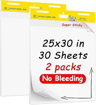 Super Sticky Easel Pad,25 in x 30 in Self Stick Flip Chart Paper,30 Sheets/Pad,2 Pad/Pack,Large White Premium Anchor Chart Paper,Easel Paper for Teachers,Businessmen,Office Workers