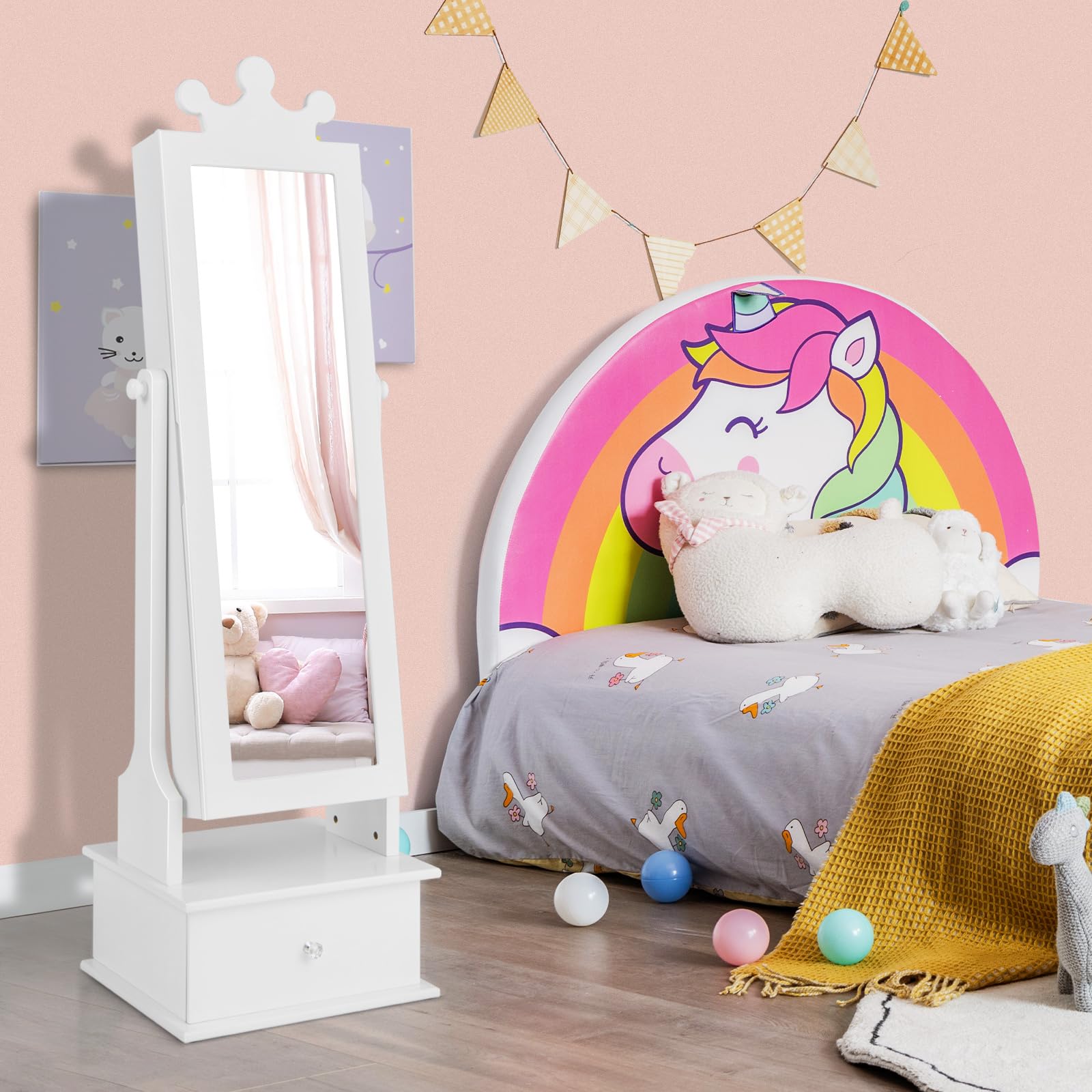 GOPLUS - Armario de joyería infantil con espejo de longitud completa, organizador de joyas con 3 cajones y 4 estantes de almacenamiento, 13 ganchos y 18 ranuras para pendientes, rosa (blanco)