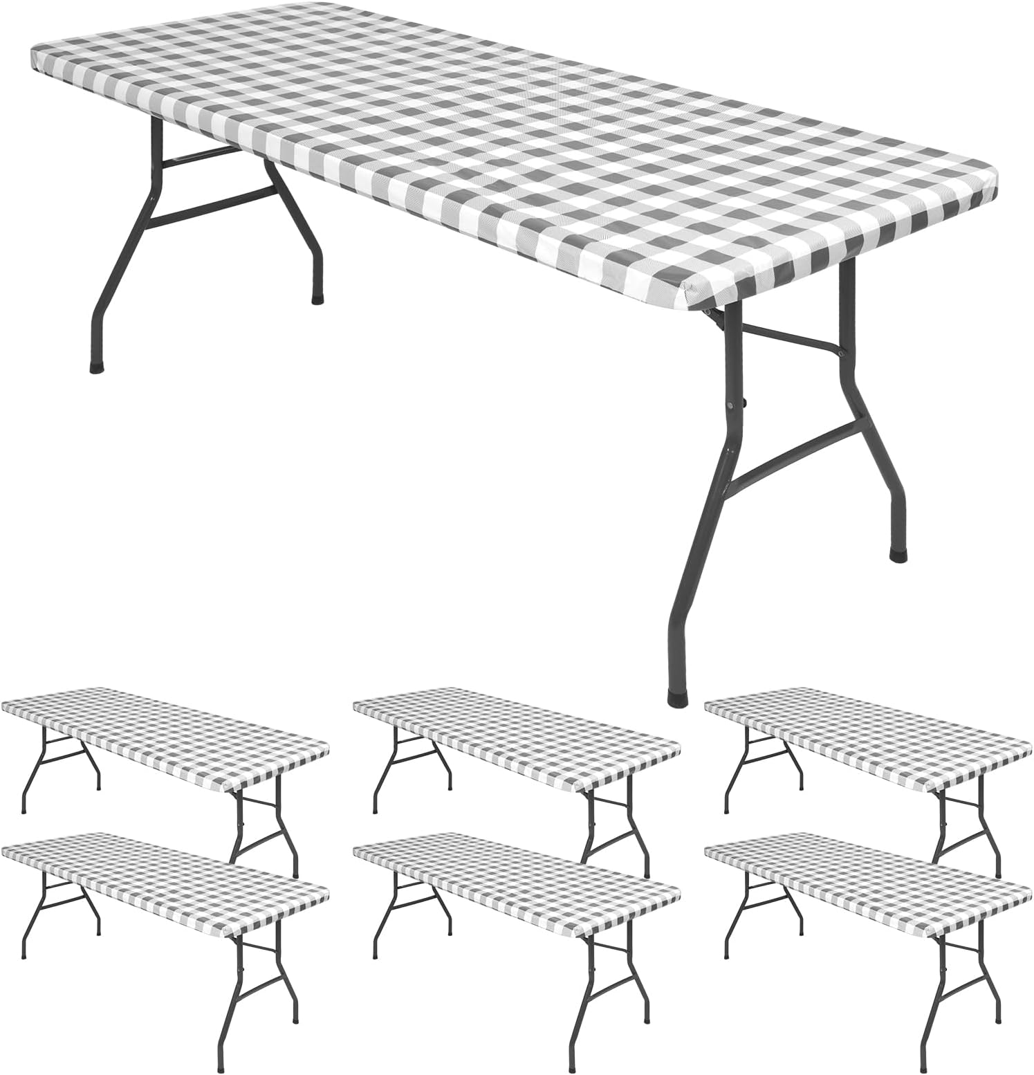 6 Pack Buffalo Rectangle Picnic Table Cloth, Elastic Fitted Vinyl Tablecloths, Flannel Backed Waterproof Plaid Table Covers for Dining, Camping, Outdoor (Grey and White, 30" x 96")