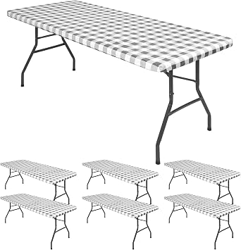 6 Pack Buffalo Rectangle Picnic Table Cloth, Elastic Fitted Vinyl Tablecloths, Flannel Backed Waterproof Plaid Table Covers for Dining, Camping, Outdoor Grey and White, 30" x 72"