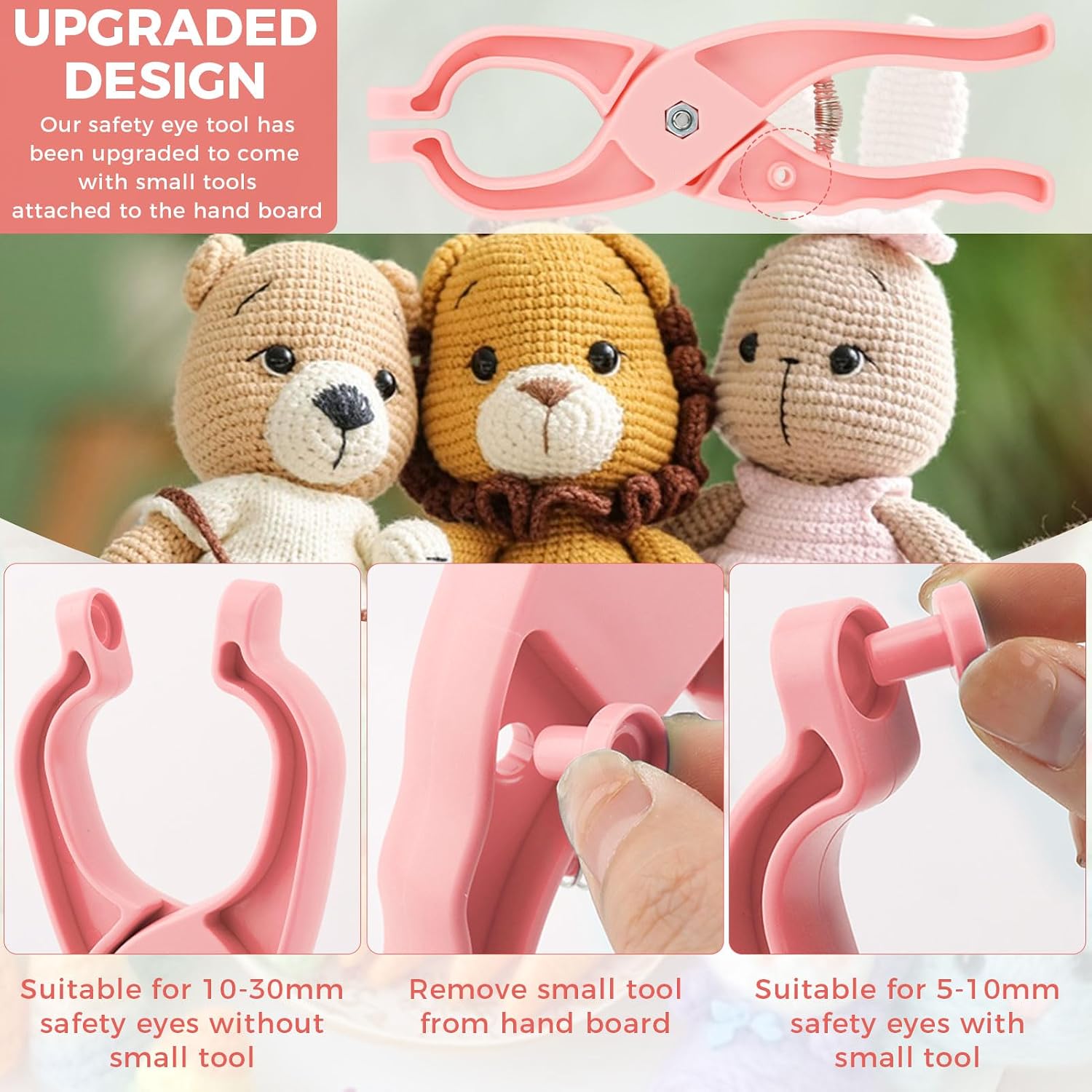 Safety Eye Tool Set with 10–30mm Sizer, Ergonomic Non-Slip Handle, 1150pcs Safety Eyes and Noses Kit for Crochet Amigurumi Dolls and Stuffed Animals, Includes Measuring Ruler and Installing Tool