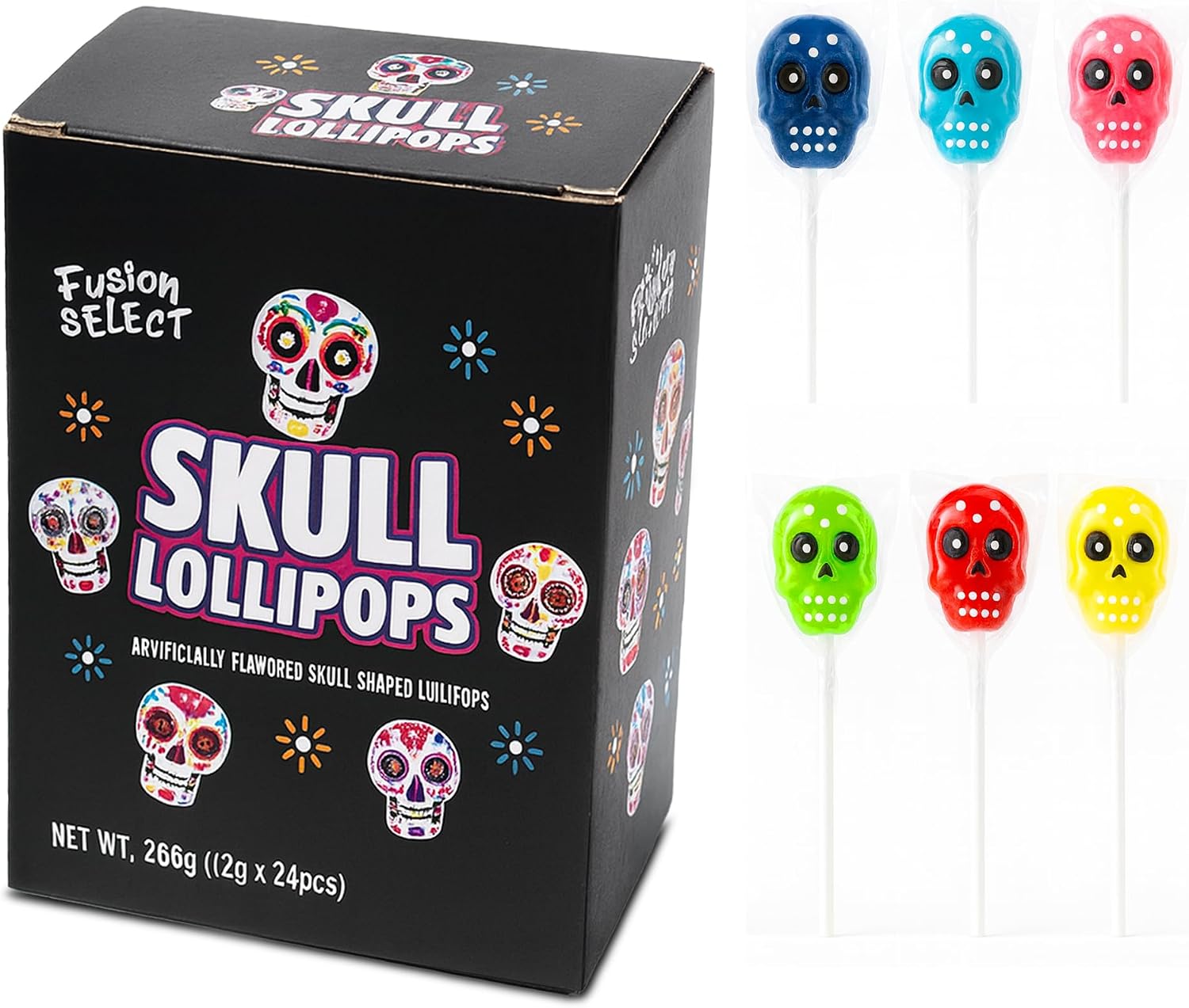 Fusion Select 24 Pcs Sugar Skull Lollipops - Colorful Halloween & Day of the Dead Candy - Individually Wrapped Novelty Treats for Kids - For Trick or Treat, Themed Party Favors & Celebrations