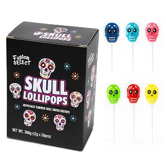Fusion Select 24 Pcs Sugar Skull Lollipops - Colorful Halloween & Day of the Dead Candy - Individually Wrapped Novelty Treats for Kids - For Trick or Treat, Themed Party Favors & Celebrations