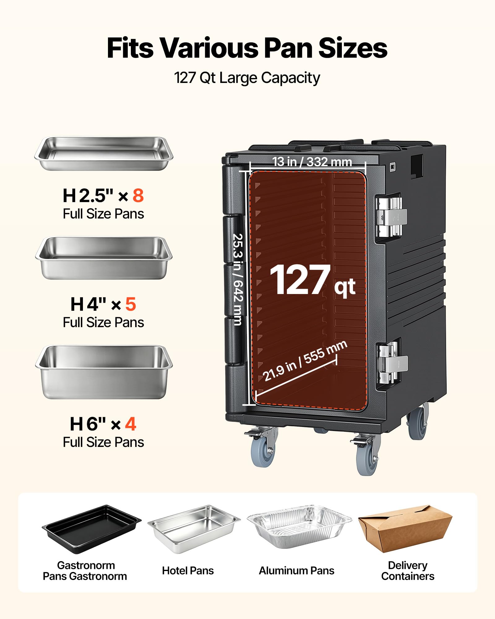 VEVOR Conteneur Isotherme 120 L, Caisson Isotherme Alimentaire pour Bacs GN sans Électricité, pour Maintien au Chaud ou Frais Restauration, Boîte de Transport Traiteur Empilable en LLDPE avec Roues