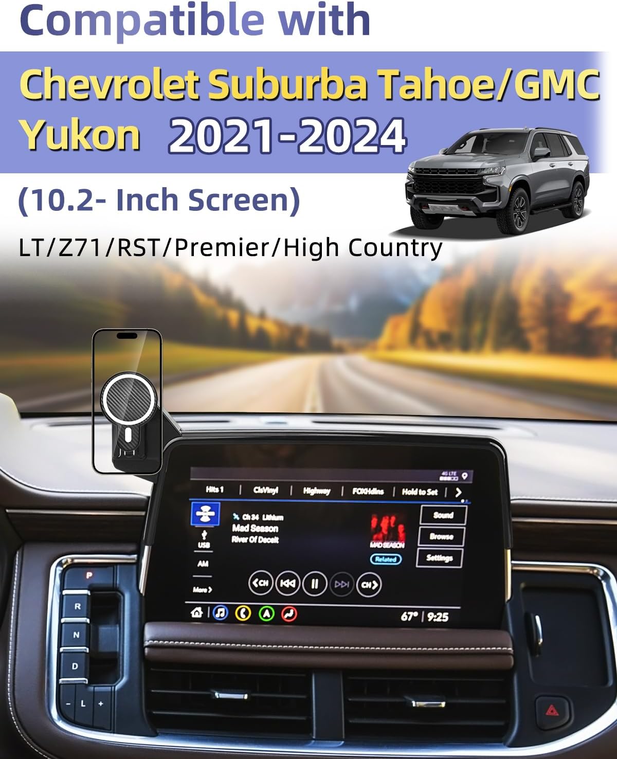 PZK Car Phone Mount for 2021-2024 Chevy Chevrolet Tahoe/Suburban/GMC Yukon/GMC Yuhon XL LT/Z71/RST/High Country Accessories 10.2-inch Screen Magnetic 15W Fast Wireless Charger Car Phone Holder