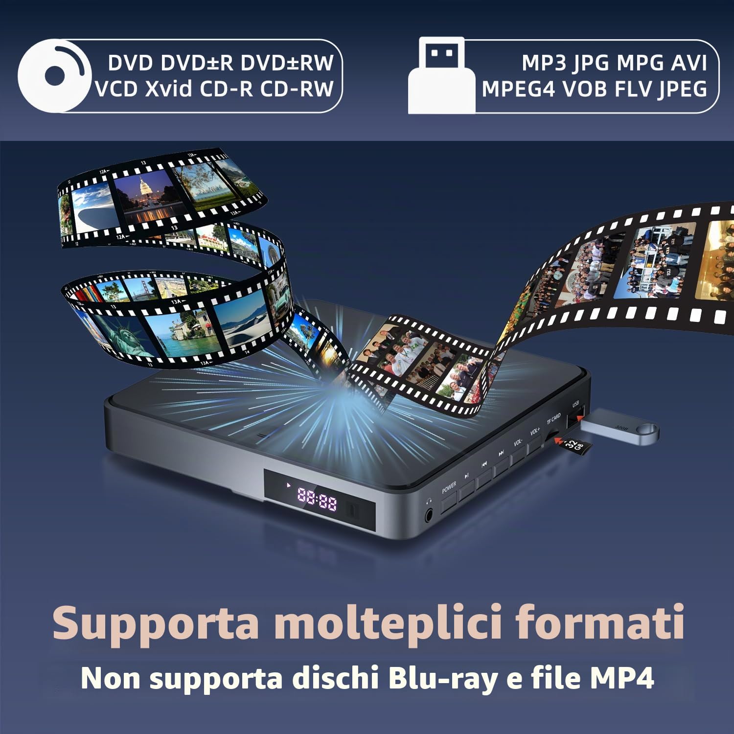 Desobry Lettore DVD Per TV, DVD Player Con Ingressi USB/TF, Lettore DVD TV Con Cavo HDMI/RCA Gratuito, Correzione Degli Errori, Lettore DVD HDMI Riduzione Del Rumore