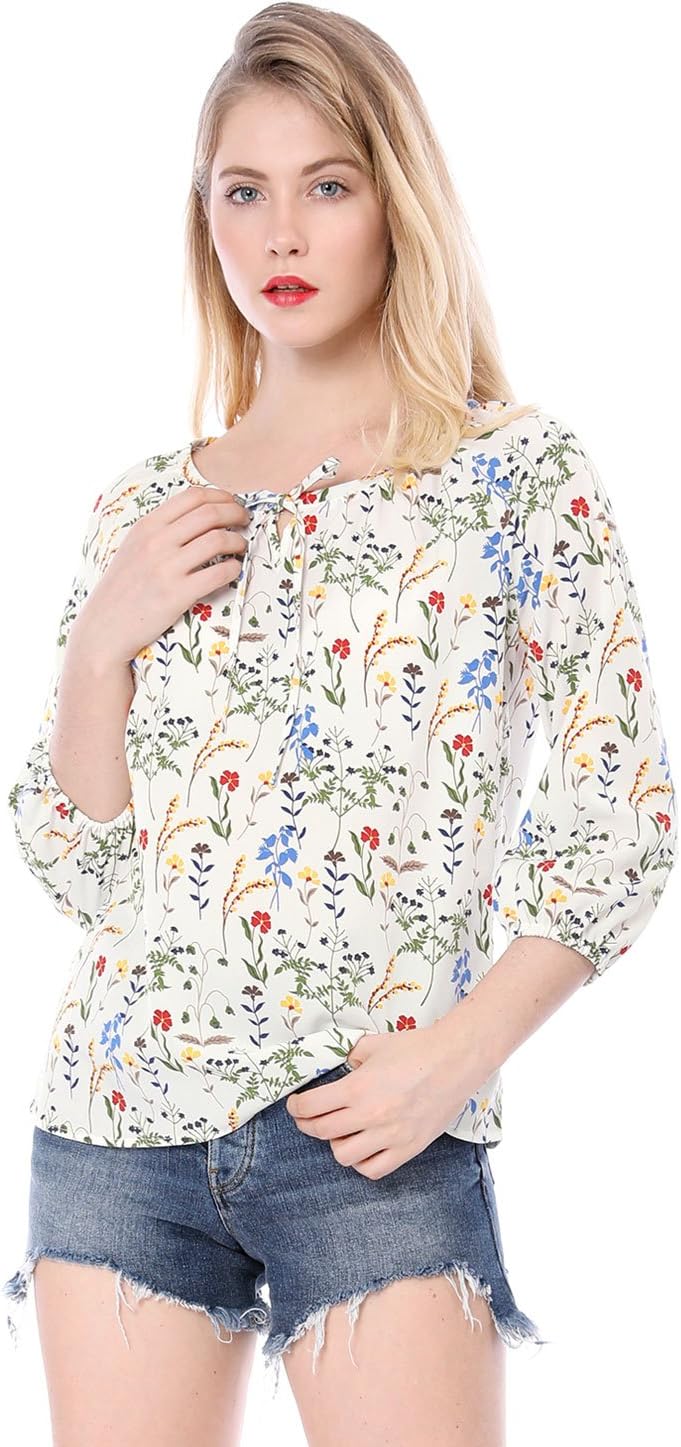 Allegra K Women's Bow Tie Neck 3/4 Raglan Sleeve Floral Blouse Tops - Image 3