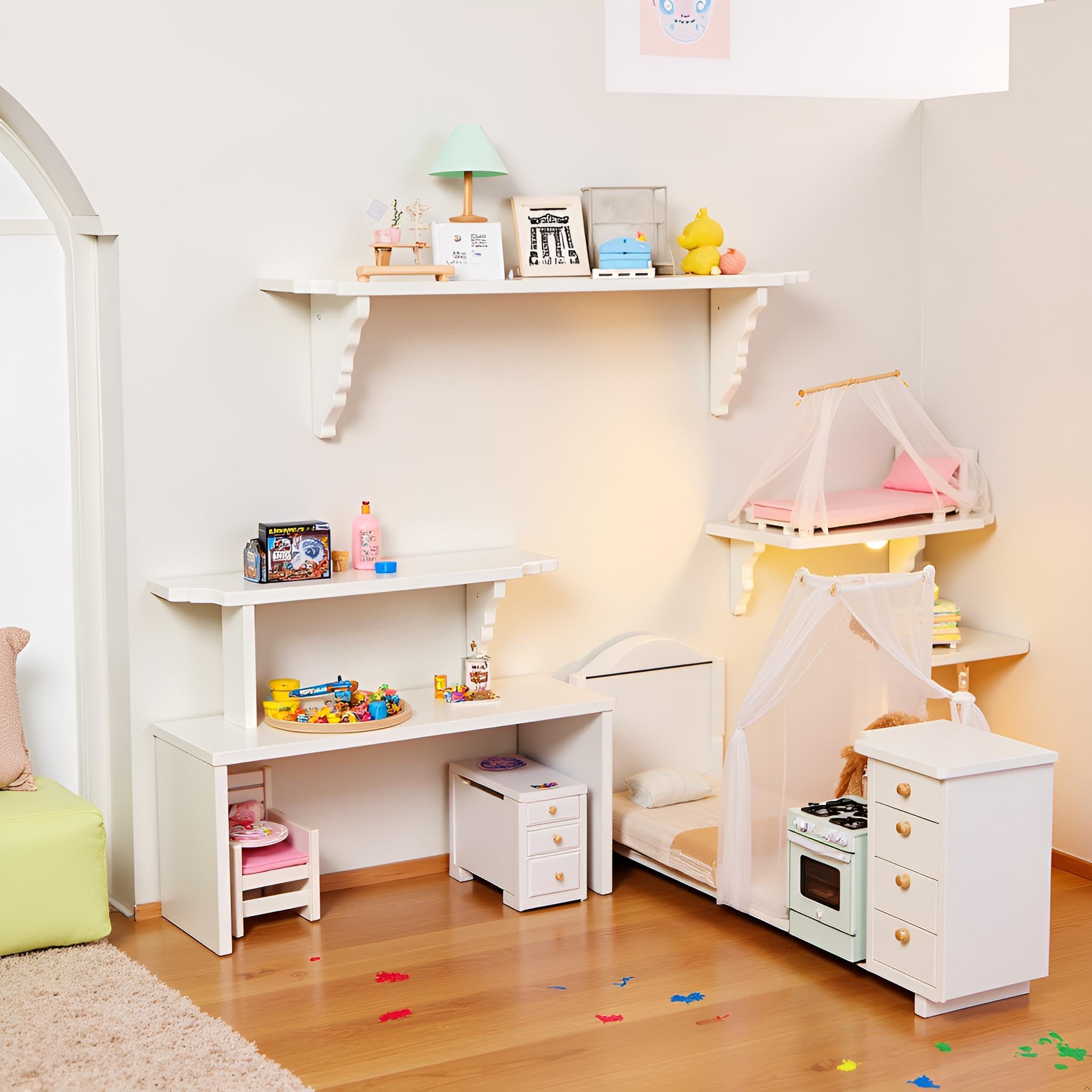 2 estantes de pared blancos para casa de muñecas, estante de almacenamiento en miniatura a escala 1:12 para accesorios de decoración de escenas de cocina 9