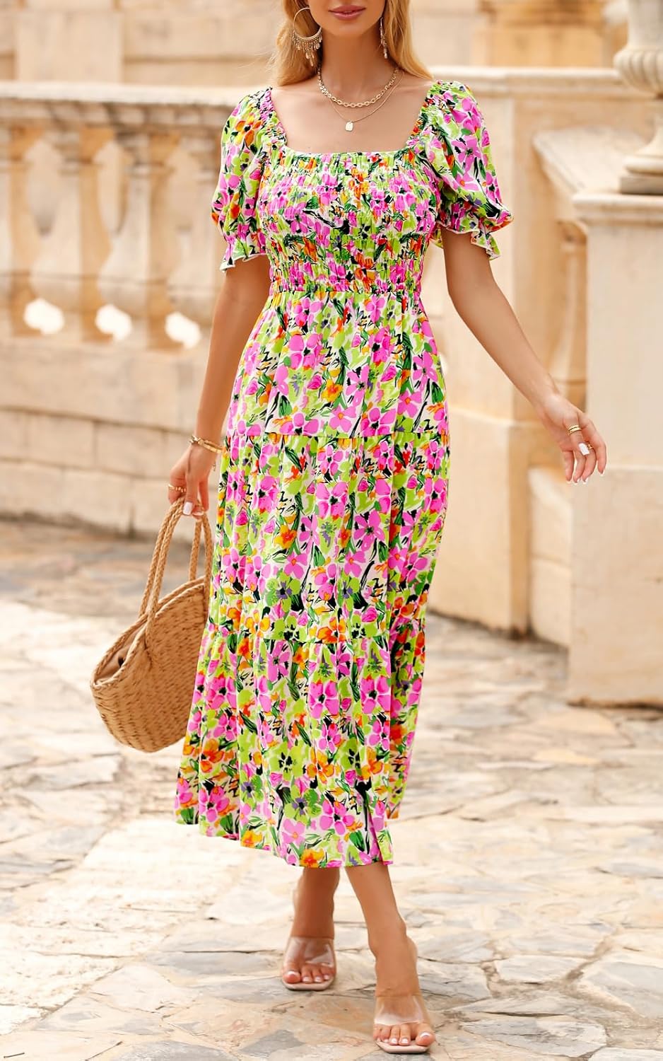 PRETTYGARDEN Women's Boho Floral Print Summer Dresses Square Neck Puff Sleeve A Line Long Dress Smocked Casual Maxi Dress