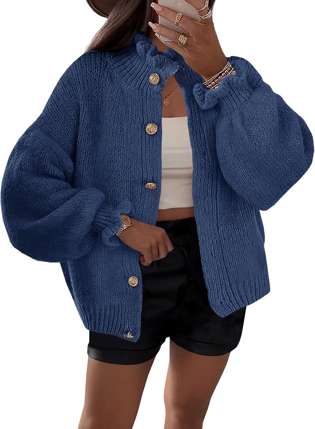 Saodimallsu Womens Ruffle Cardigan Oversized Button Up Fall Trendy Ribbed Knit Open Front Long Sleeve Loose Cute Sweater
