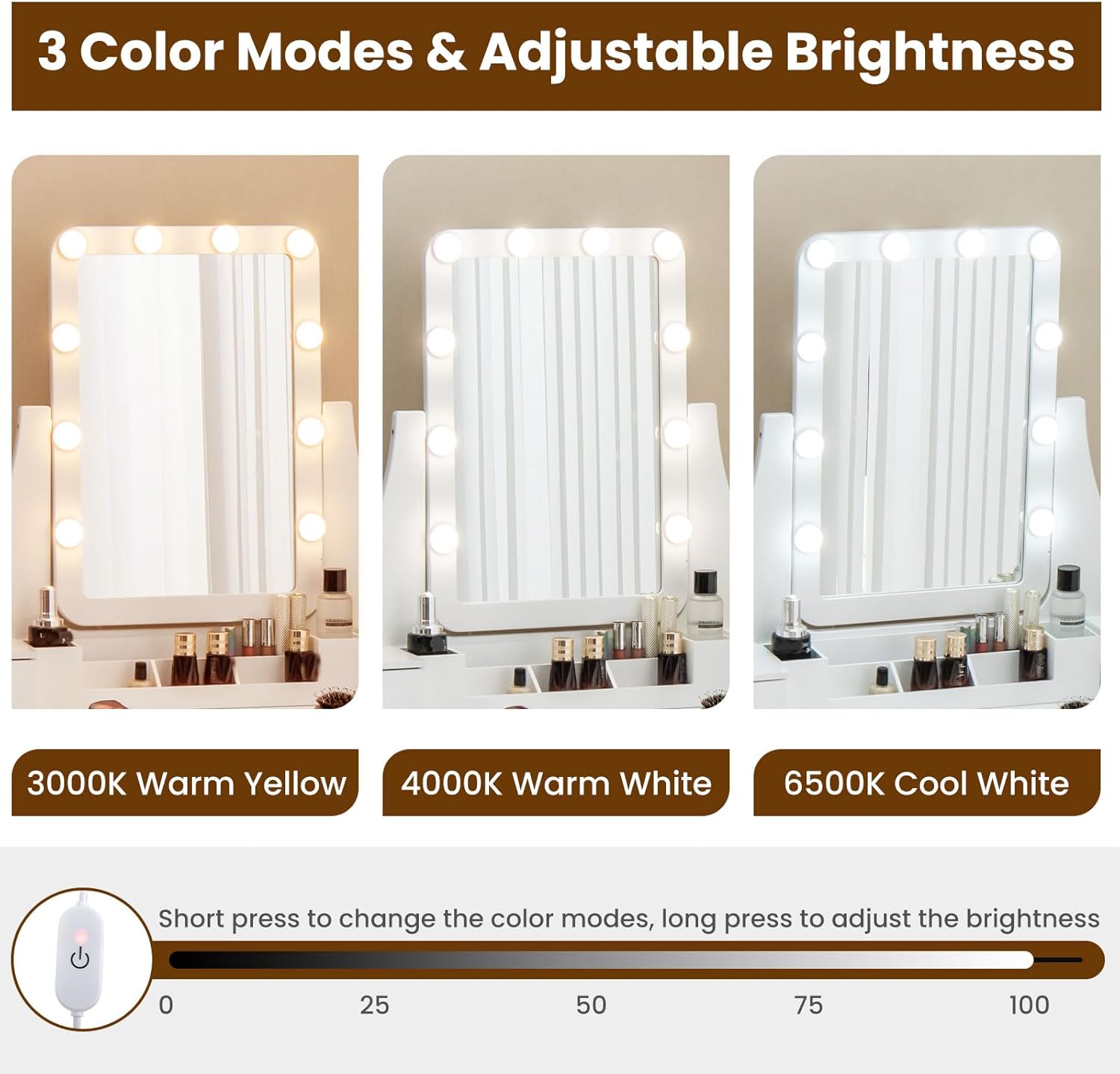 GOFLAME Vanity Table Set with Lighted Rotatable Mirror, Makeup Table with 3-Color Lights, Adjustable Brightness, 5 Drawers, Dressing Table with Soft Cushioned Stool for Bedroom, Dressing Room (White)