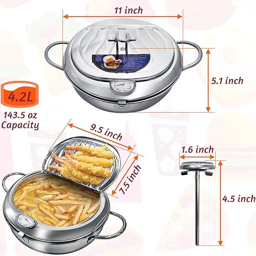 Miniatura 2 de Olla Freidora Profunda, 4.4Qt  11 Pulgadas Estilo Japonés Freidora Profunda Pequeña de Acero Inoxidable 304, con Control de Temperatura y Rejilla de