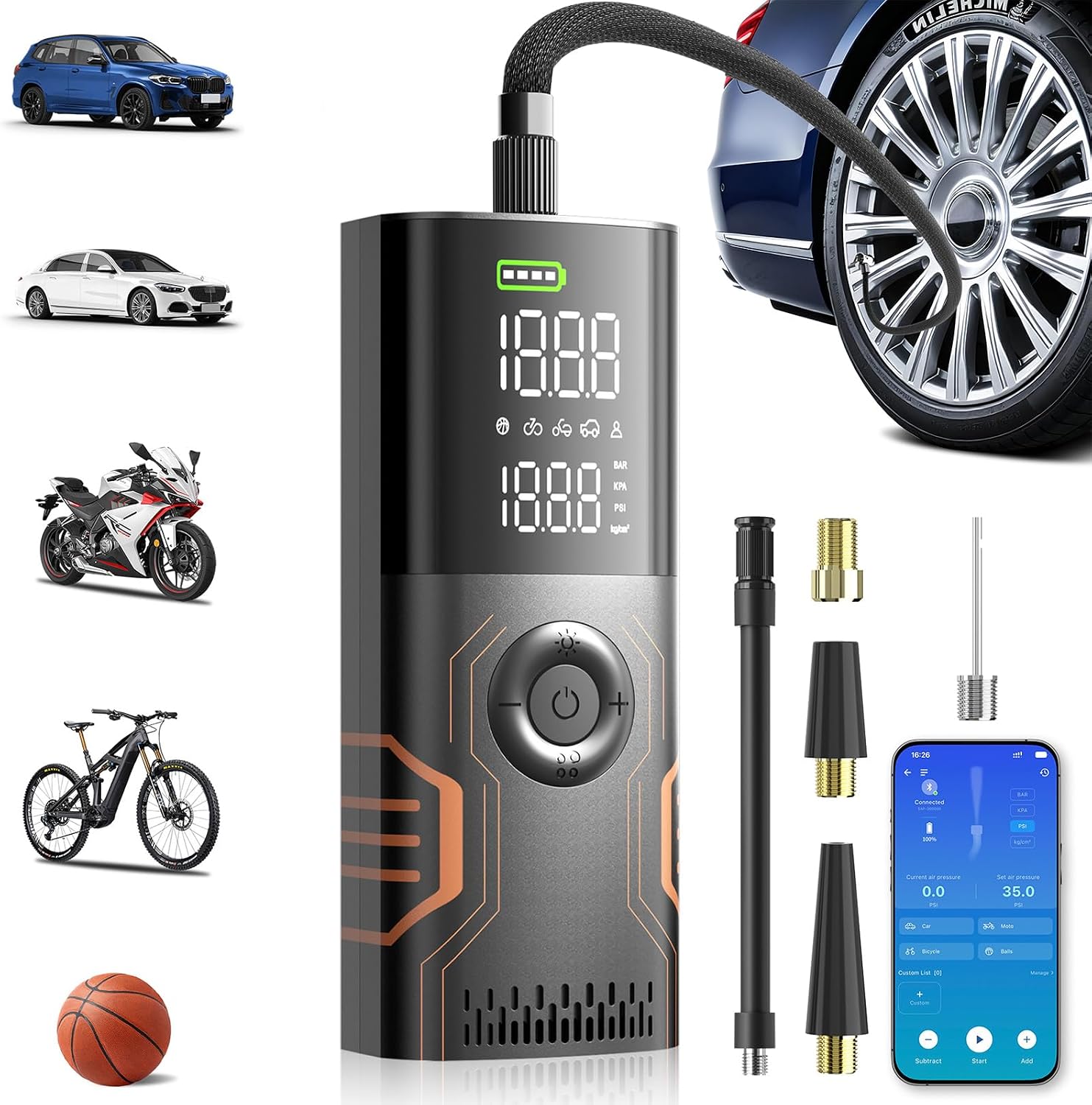 Portable Tire Inflator Air Compressor - Smart APP Air Pump for Car Tires Automatic Stop Inflation Cordless for Car Motorcycle Bicycle Ball