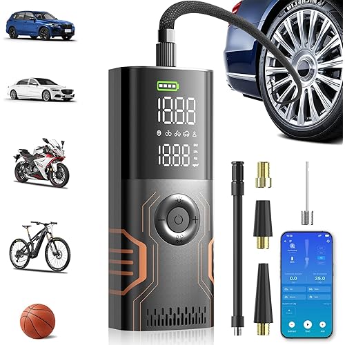 Tire Inflator Portable Air Compressor - Smart APP Air Pump for Car Tires, All-in-One Storage Portable Tire Pump for Car, 3X Speed & Automatic Stop Inflation, Cordless Tire Pump for Car, Motorcycle, Bicycle, Ball