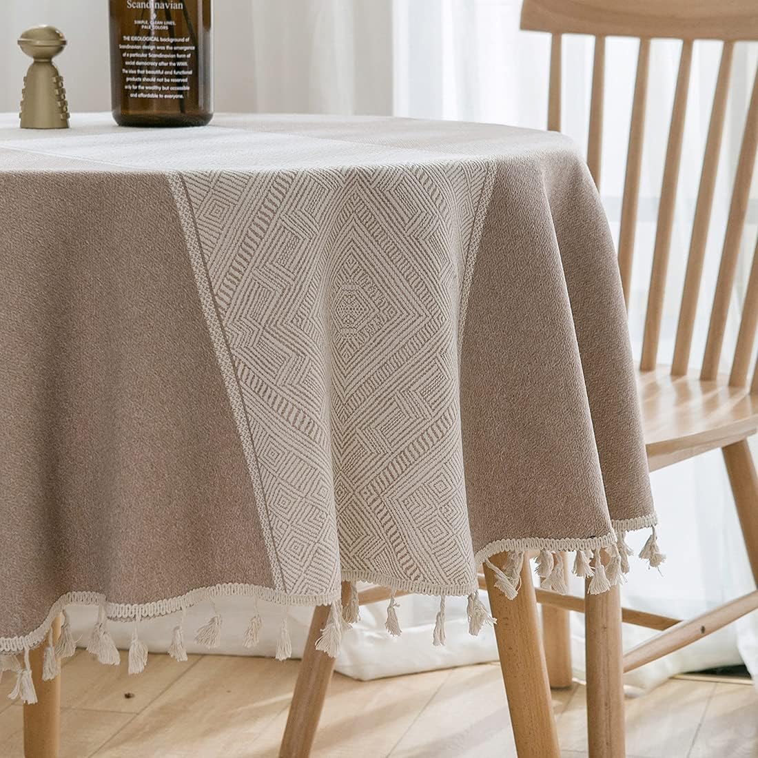vctops Farmhouse Striped Round Tablecloth with Tassels Geometric Jacquard Dust-Proof Table Cover for Kitchen Dining Room Tabletop Decorations (Coffee,Diameter 59")