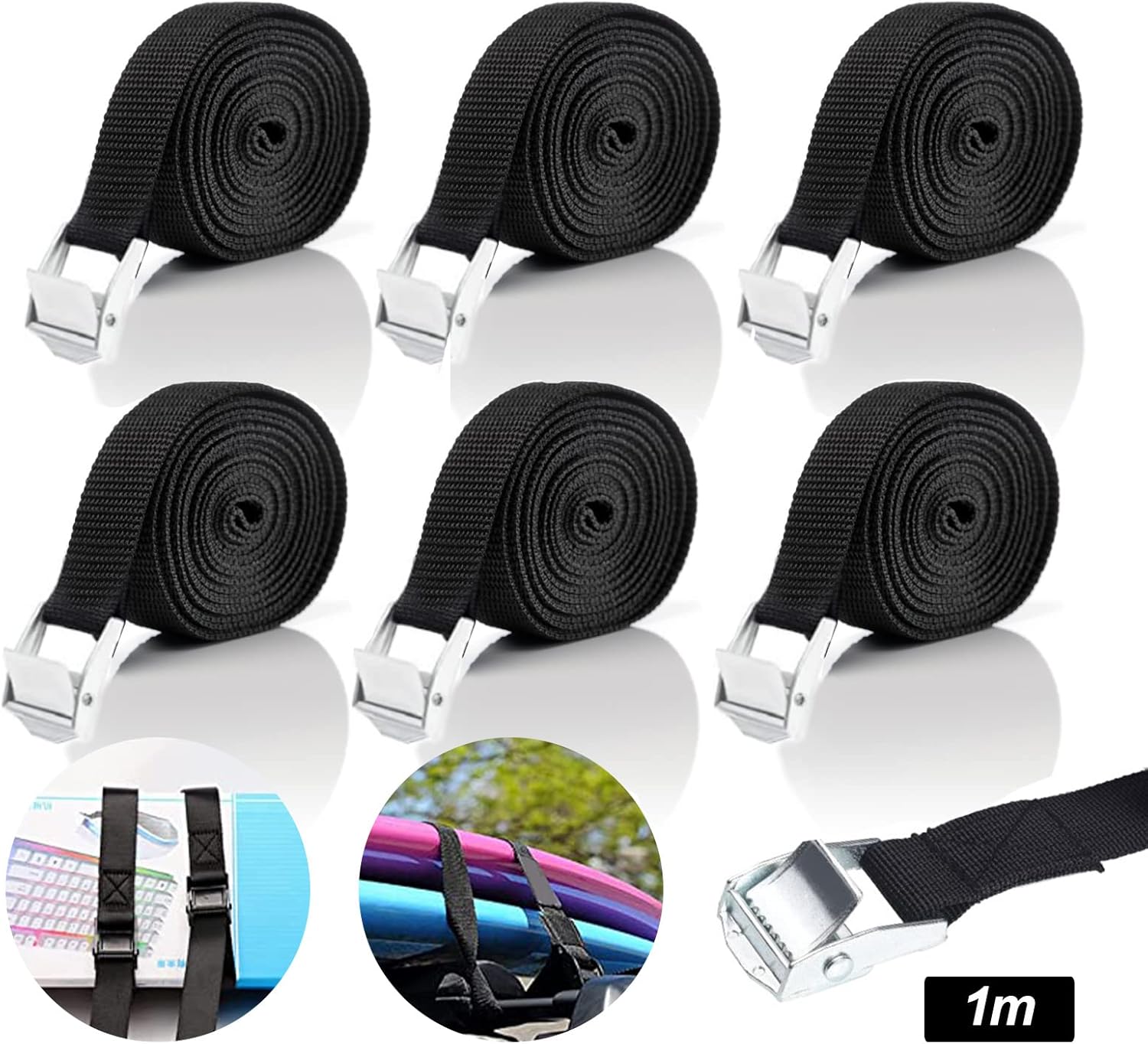 6 Piezas Cinchas de Amarre, Cinchas de Sujeción con Hebilla de Carga Ajustable, Cinchas de Amarre Rapido Cinchas para Automóviles, Moto, Equipaje, Artículos para El Hogar 2.5cm x 1m (Negro)