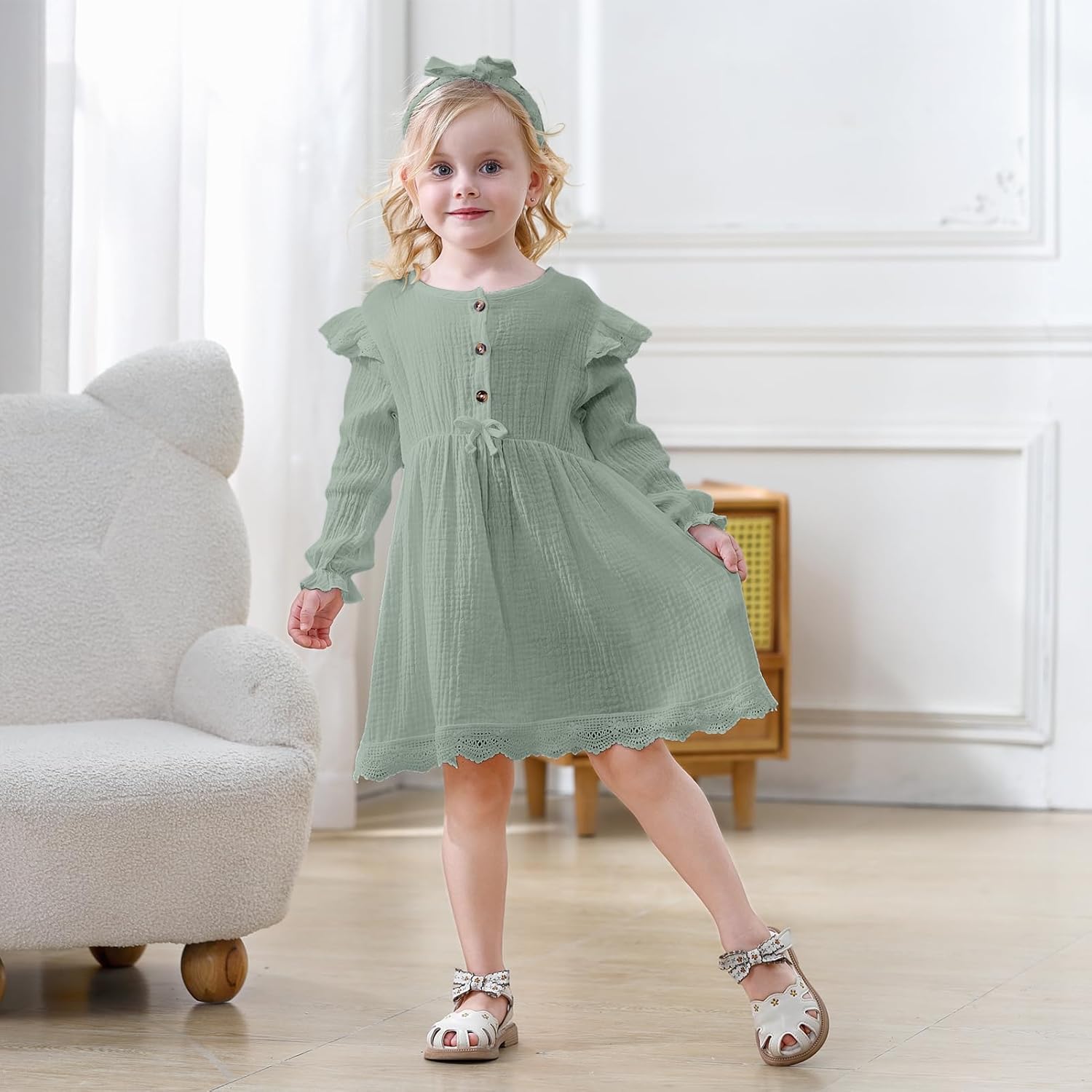 Sinhoon Toddler Fall Dress Baby Girl Dress Ruffle Long Sleeve Toddler Girl Dress Smocked Baby Fall Dresses with Bow Headband - Image 2