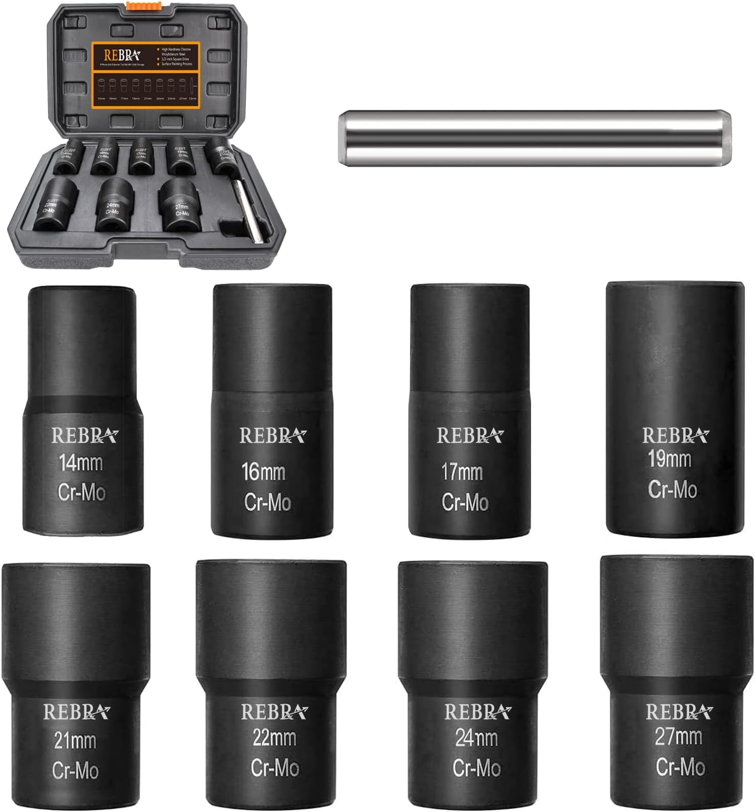REBRANut Bolt Extractor Set with Center Punch Bar, Easy Out Lug Nuts Remover Socket Set Tool for Stripped, Damaged, Rounded-Off, Rusted Bolts&Nuts 1/2 Drive 9-Pieces