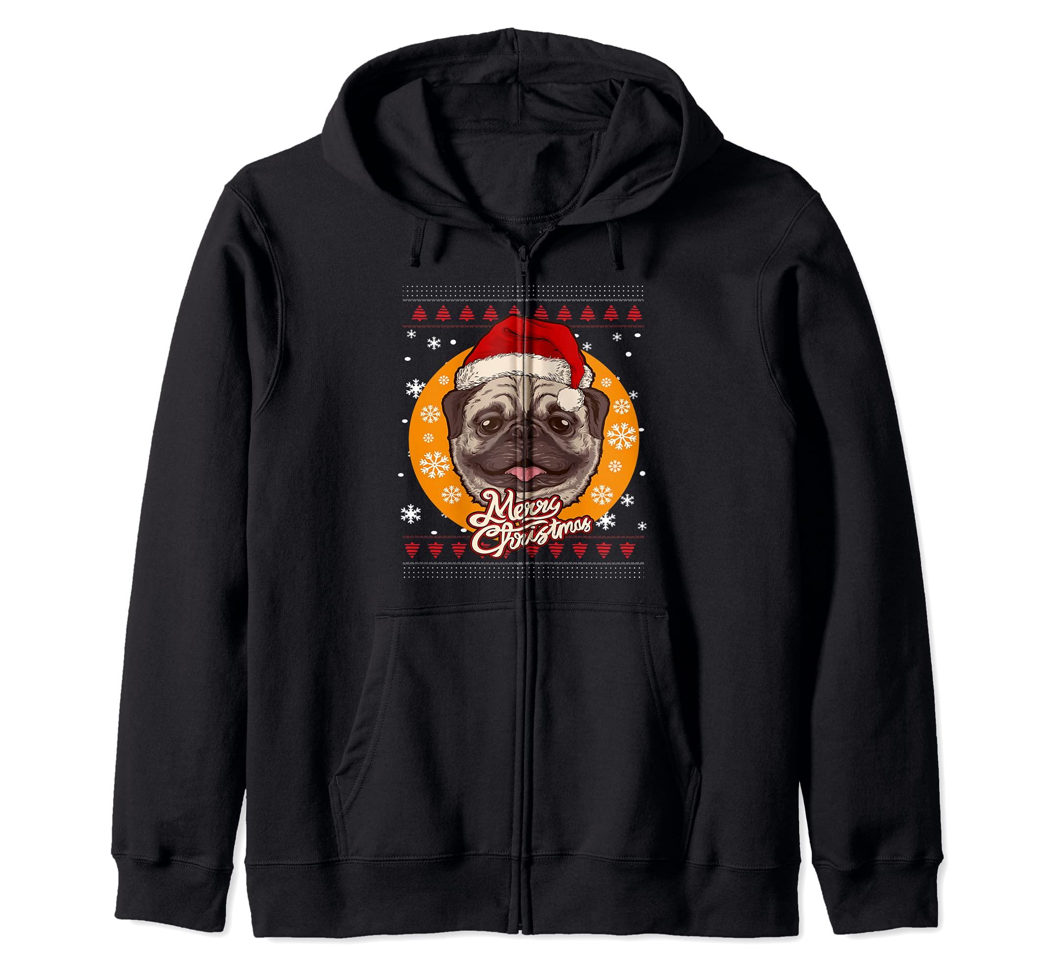 Santa Hat Pug Dog Ugly Christmas Sweater Doggie Xmas Gift Zip Hoodie, Black