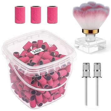 Sanding Bands for Nail Drill Extreme Fine 240 Grit Nail Sanding Bands 200Pcs Pink Sanding Bands and Nail Dust Brush for Cleaner Nail Art Manicures and Pedicure