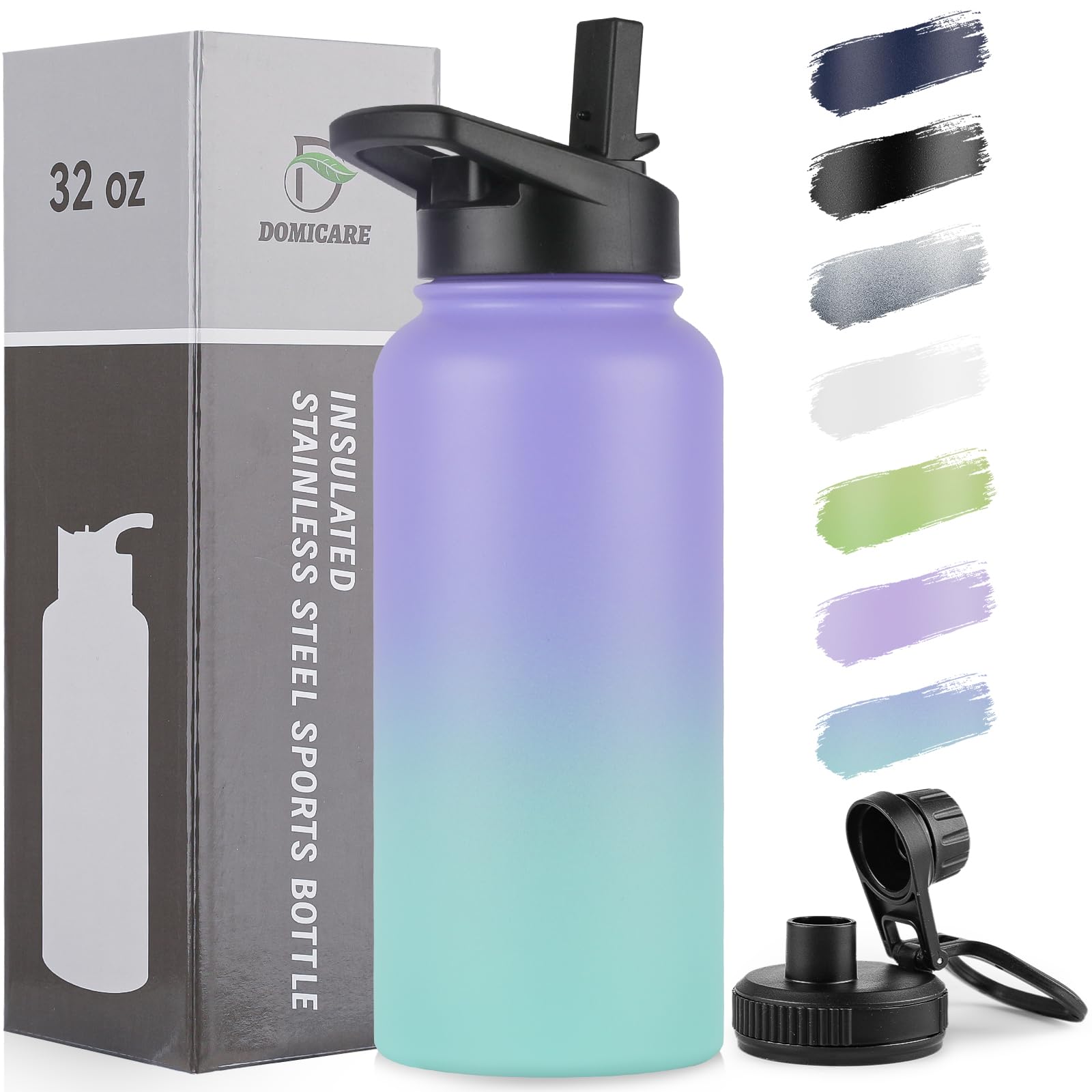 32 oz Insulated Water Bottle, Vacuum Insulated Stainless Steel Sports Water Bottle with Straw Lid & Spout Lid, Leakproof, Reusable - Travel, Camping, Bike, Purple Green Gradient