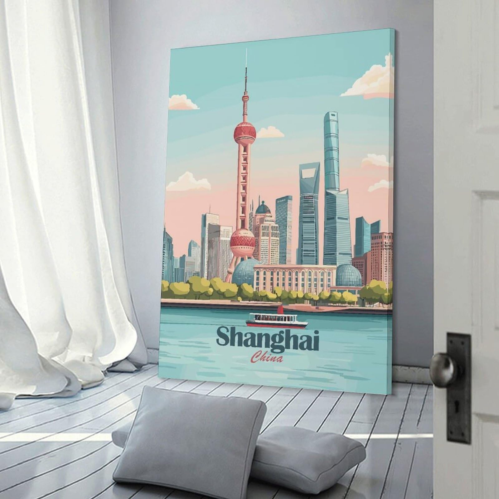 Junmoney Canvas Wall Art Shanghai Skyline(4), 24x36inch(60x90cm), for Corridors, Hallways Or Apartment Entries, Decorative Canvas Styling for Entry Areas