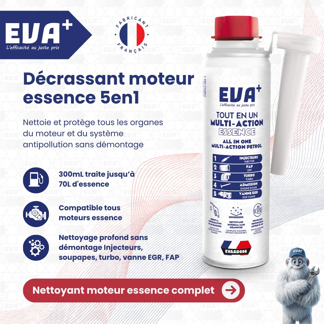 Décrassant Essence 5en1 300mL - EVA+ | EVAAD006 | Tout en Un Multi-action Sans Démontage | Nettoie Injecteurs EGR Turbo Catalyseur | Réduit Consommation | Nettoyant & Décalaminant Moteur Diesel