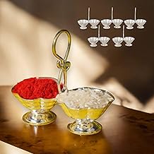 LOVENSPIRE Silver Plated Haldi Kumkum Holder for Home Temple Decorative Pack Of 5 Haldi Kumkum Stand Diwali Gift Indian Festival Puja Wedding Favor Housewarming Return Gifts Roli Chawal (2 Bins)