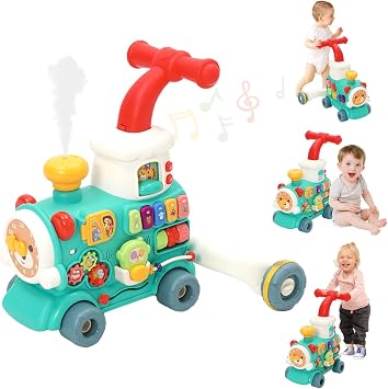 Baby Walker 3 in 1 Steam Train with Spray Mist Music Walker Toy with 10 Educational Play Modes Light and Music Learning Activity Center for 1-3 Years Old Boys Girls
