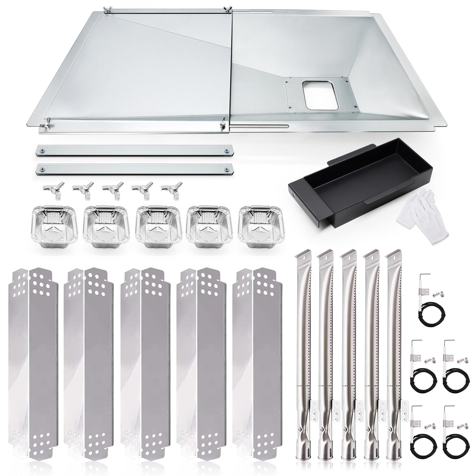 Hiorucet Grill Grease Tray Replacement Parts for Nexgrill 5 Burner 720-0888N, 720-0888, 720-0888A, Adjustable Drip Pan, Heat Plates, Burner Tubes and Igniters for Nexgrill Replacement Parts 5 Burner.