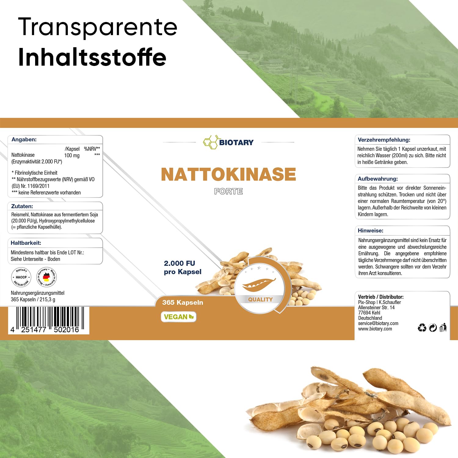 Nattokinase 365 Kapseln mit 2000 FU pro Tagesportion aus GMO freiem Soja inklusive Pillenbox 12 Monate Vorrat 100% vegan reine Rezeptur geprüfte Qualität