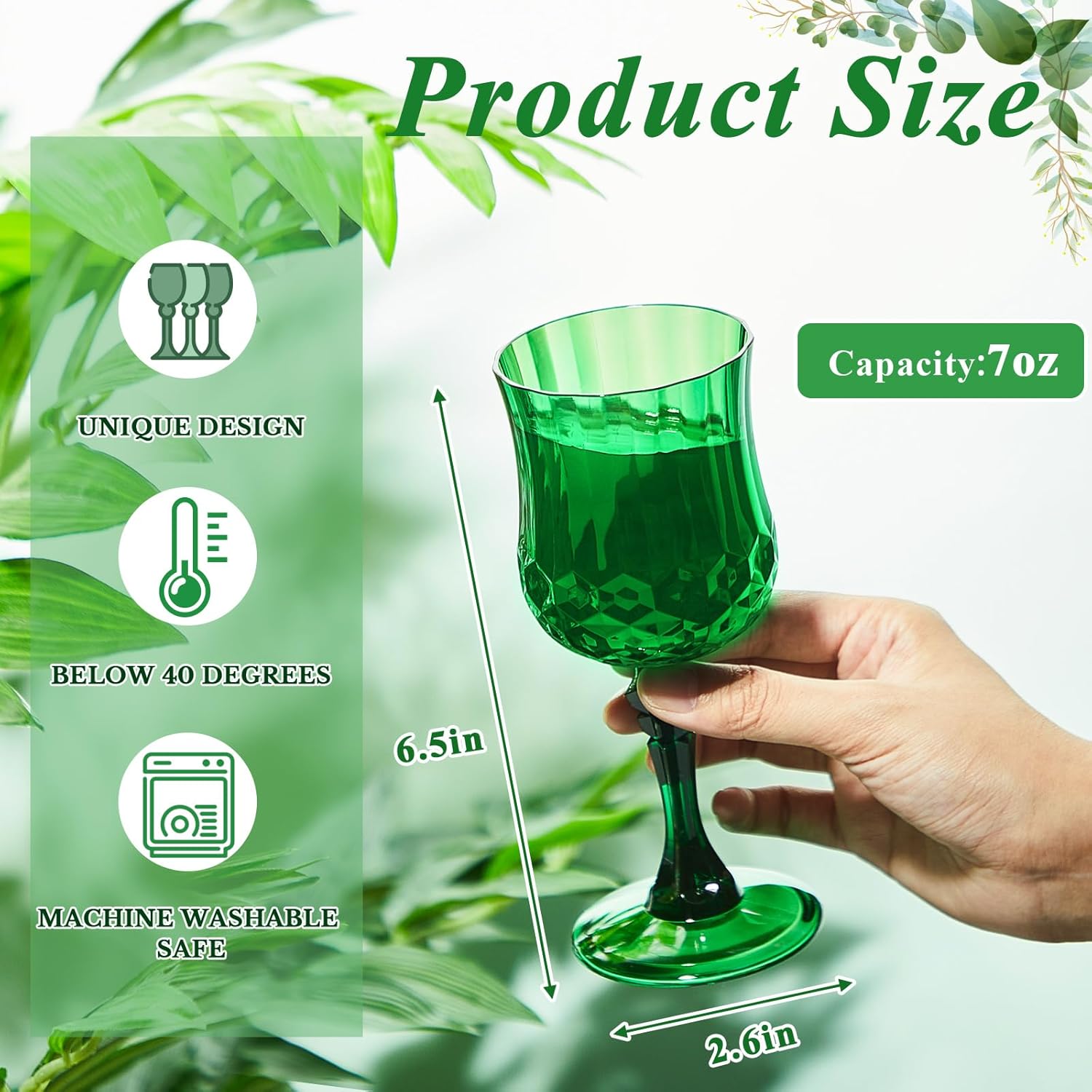 Pinkunn 12 Pcs 7 oz Plastic Vintage Wine Glasses Reusable Colored Goblets Patterned Drinking Water Glasses Cup Dishwasher Safe for Mother's Day Wedding Reception Party Supplies (Green)