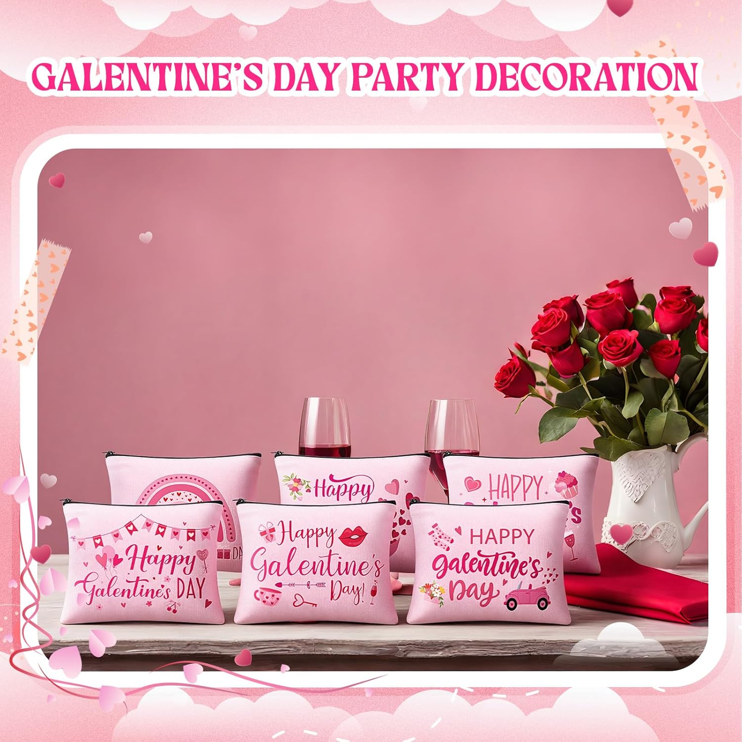 Abbylike 12 Pcs Galentine's Day Makeup Bags Gifts Bulk Galentines Gift Bags Valentine's Day Canvas Cosmetic Bag Gifts for Women Girls Ladies Celebration Friendship Galentines Party Favors Supplies