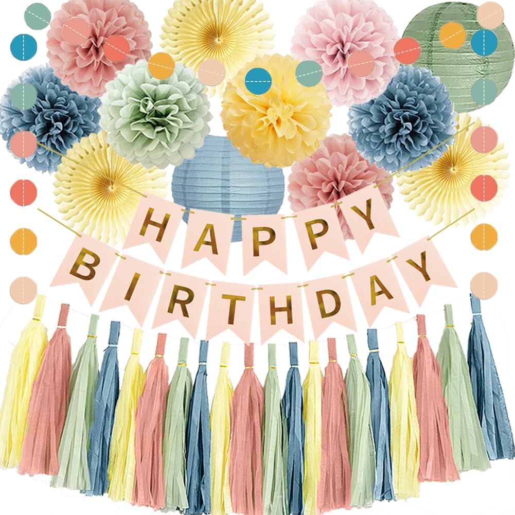 Retro Boho Regenbogen Geburtstag Dekorationen Pastell Geburtstag mit Happy Birthday Banner Salbeigrün Dusty Pink Blau Gelb Creme Papier Pom Poms Papier Quaste Girlande für Frauen Mädchen Jungen Party