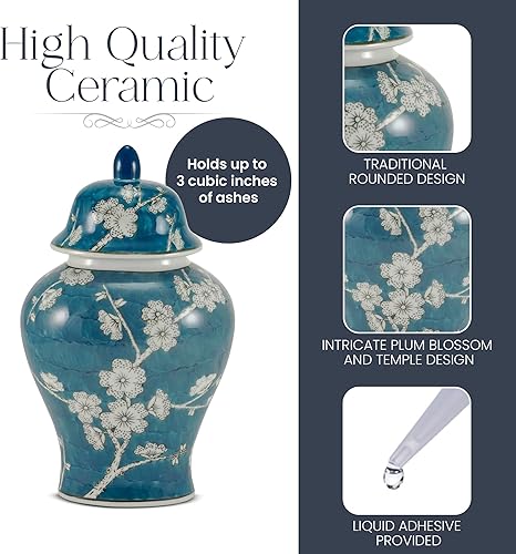 Miniatura 4 de Urna de cremación de cerámica Plum Blossom - Grande - Capacidad para hasta 200 pulgadas cúbicas de cenizas - Urnas de cerámica azul