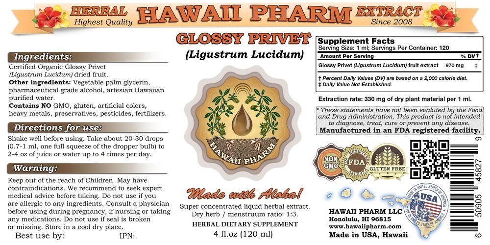 Hawaii Pharm Glossy Liquid Extract, Privet Glossy Privet (Ligustrum Lucidum) Tincture Supplement 32 oz Unfiltered
