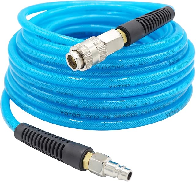 YOTOO Air Compressor Hose Reinforced Polyurethane 15m Long 6.5mm ID X 10mm OD with Bend Restrictor, 1/4" Europe Quick Coupler and Plug, Blue
