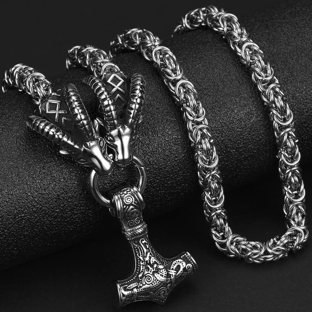 Men Stainless Steel Viking Necklace, Retro Silver Nordic Mythology Thor's Hammer Mjolnir Amulet Jewelry Pendant, Multiple Style Animal Head Round Byzantine King Chain,Sheep Head,60cm