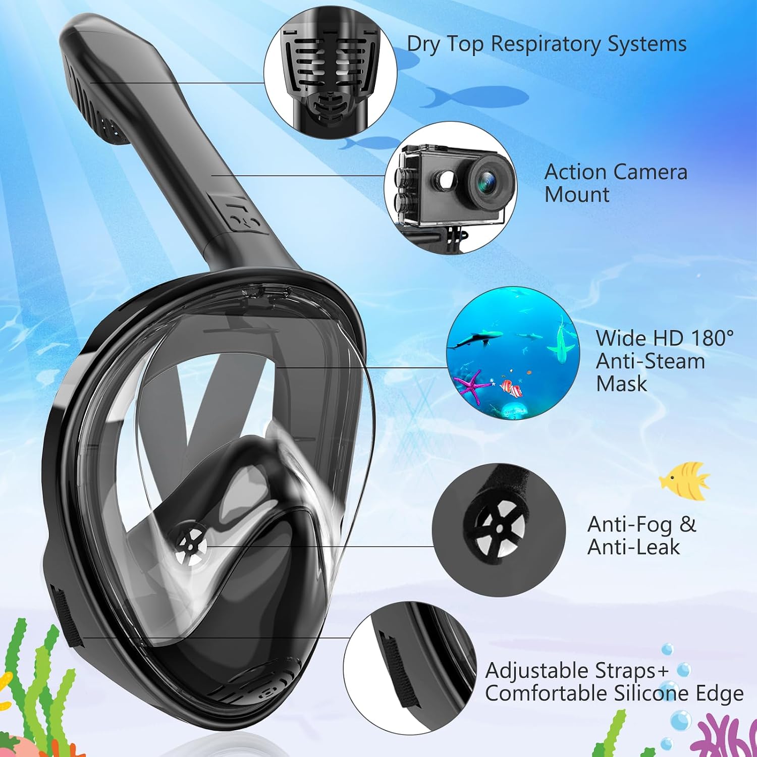 kids snorkel mask full face, snorkeling gear for kids with camera mount, 180 degree panoramic view snorkeling set anti-fog anti-leak black