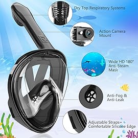 Kids Snorkel Mask Full Face, Snorkeling Gear for Kids 2-14 with Camera Mount, 180 Degree Panoramic View Snorkeling Set Anti-Fog Anti-Leak (Black)