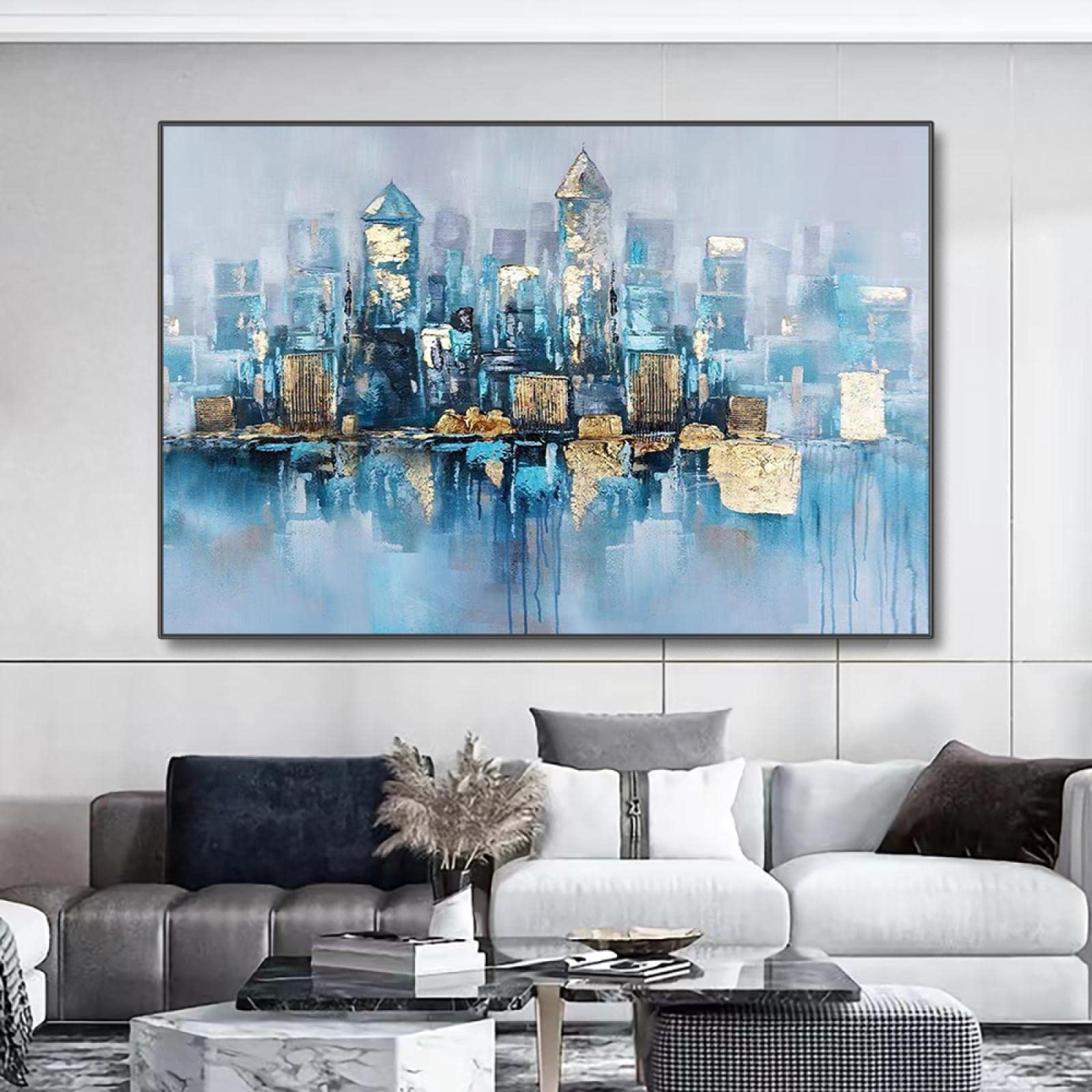 Extra großes abstraktes Landschaftsgoldfolien-Ölgemälde nordisches Stadt-Gebäude-Leinwand-Wand-Kunst-blaue Bilder für Hauptdekor 80x130cm/32x51inch mit schwarzem Rahmen