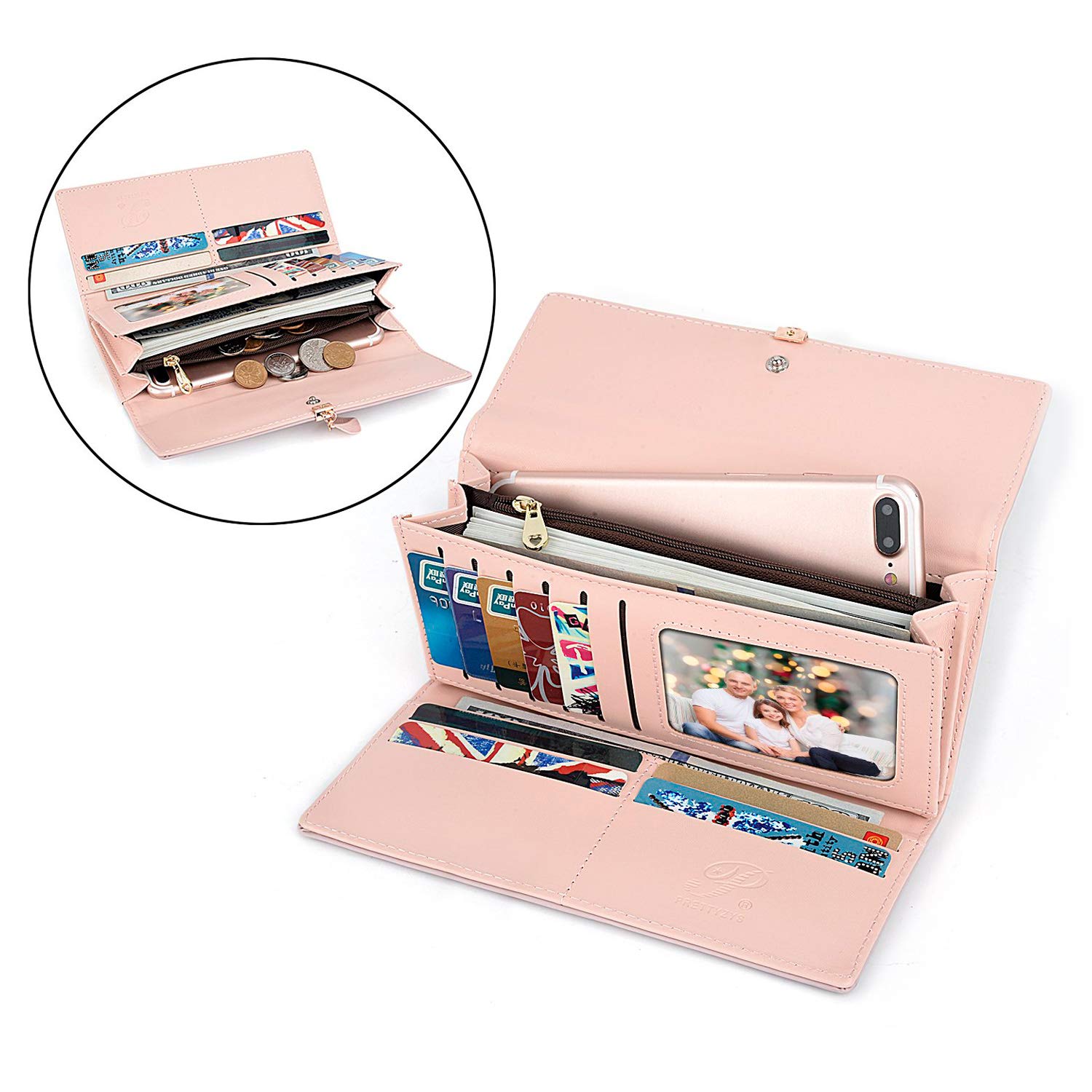 Portafoglio Donna Lungo Cerniera in Pelle, Portafoglio Donna Grande (Rosa)