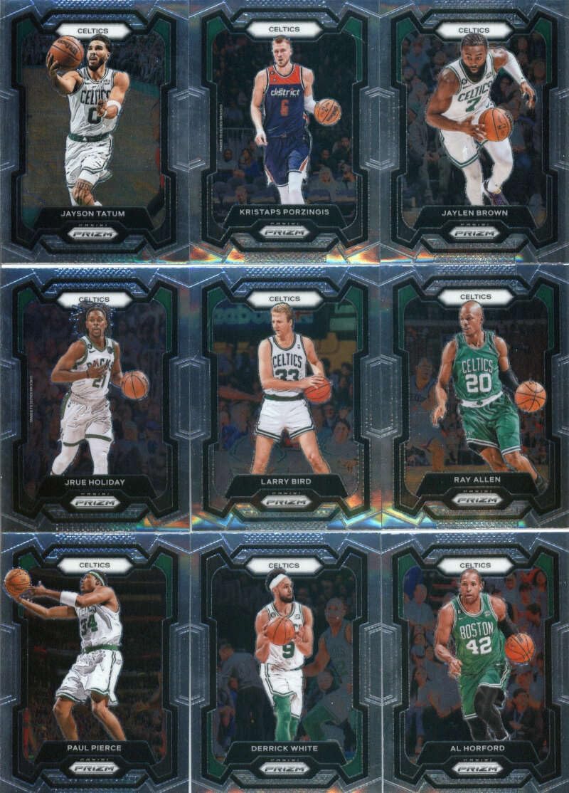 2023-24 Panini Prizm Veteran Boston Celtics Team Set of 9 Cards: Jayson Tatum(#2), Kristaps Porzingis(#8), Jaylen Brown(#31), Jrue Holiday(#107), Larry Bird(#189), Ray Allen(#192), Paul Pierce(#193), Derrick White(#229), Al Horford(#236) - Sportscard Superstore