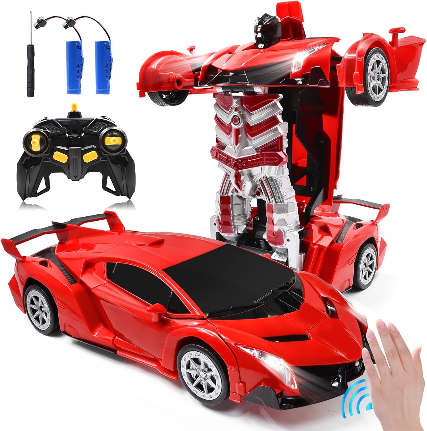 Zahooy RC Car Transforming Robot Model Toy,1:14 Gesture Sensing Drifting Remote Control Transform Vehicle,Deformed Racing with Realistic Engine Sounds & One-Button Transformation for Boys Girls (Red)