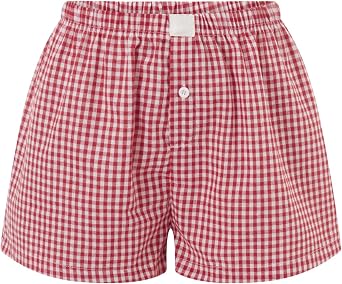 Womens Y2K Lounge Shorts Gingham Boxer Shorts Cute Soft Elastic Low Waist Boxers Plaid Print Button Boy Shorts